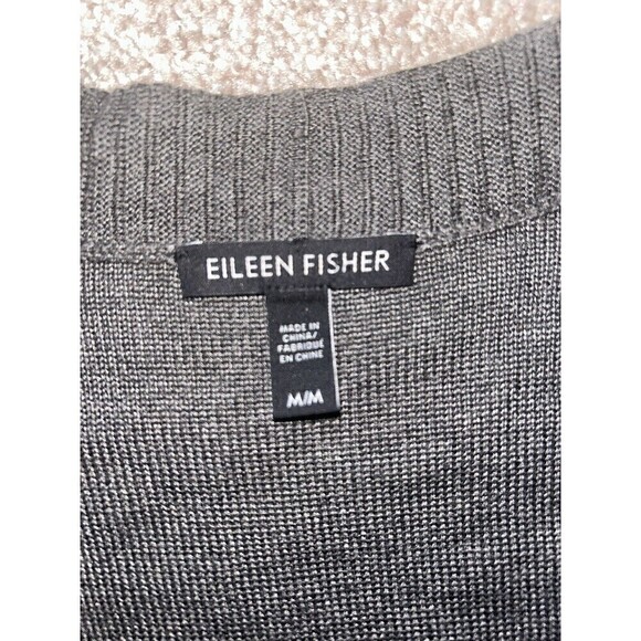 Eileen Fisher Long Open Front Cardigan Medium Gray Pockets Tencil Merino Wool - Picture 6 of 6
